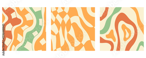 Distorted wavy retro patterns background set