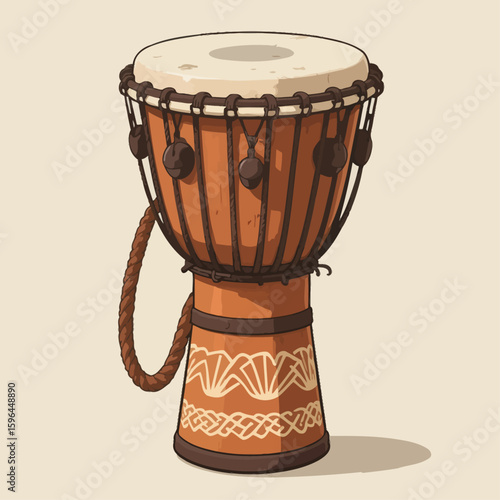 Traditional African Djembe Drum with Intricate Patterns and Beads