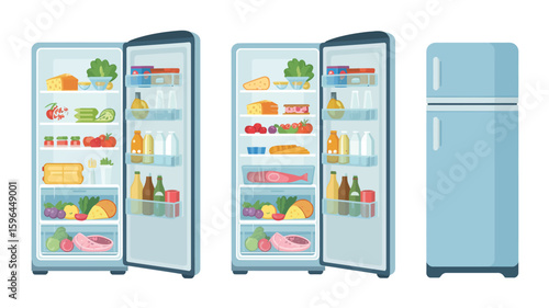 Open and closed light blue refrigerators filled with food and drinks