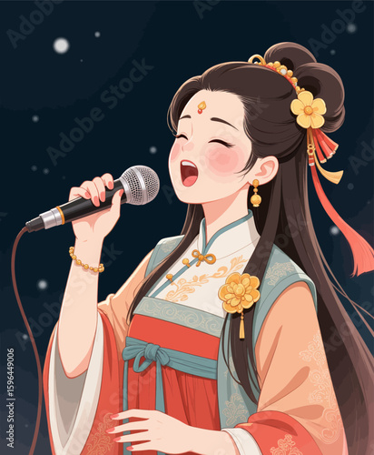 Traditional Singer in Elegant Hanbok Under Starry Night Sky
