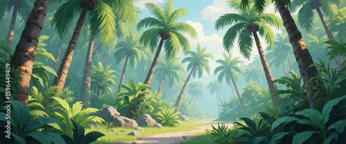 Tropical Paradise Pathway: Lush Palms and Serene Jungle Trail