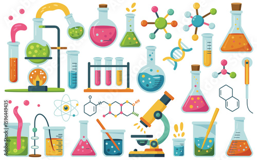Colorful collection of scientific laboratory equipment and molecules