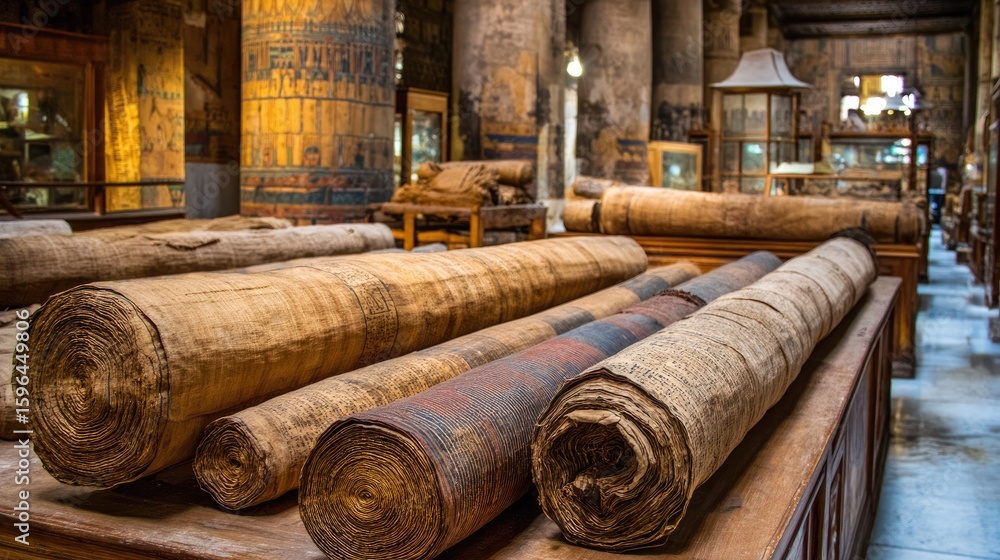 Ancient Papyrus Scrolls in Museum Display Ancient Papyrus Scrolls in Museum Display