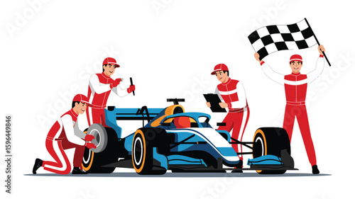 Formula 1 pit crew preparing race car for victory