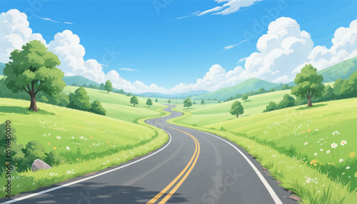 Winding Road Through Green Meadows Under Blue Sky
