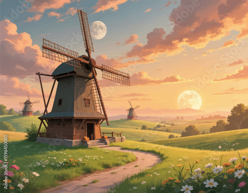 "Windmills in Golden Fields at Sunset"