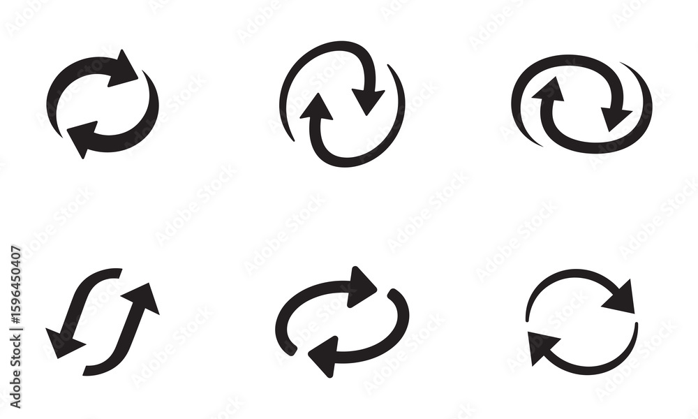 Naklejka premium Black and White Vector Icons of Curved Arrows Symbolizing Refresh, Synchronize, and Exchange