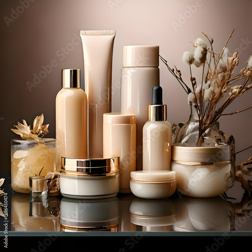 A collection of elegant skincare products arranged with decorative elements.