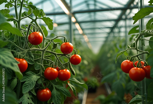red tomatoes in a greenhouse, vibrant tomatoes flourish on the vine in a modern greenhouse, promising a bountiful harvest.