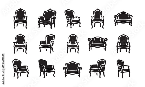 Ornate and Classic Armchair Silhouettes – Vector Icon Set of  Unique Designs