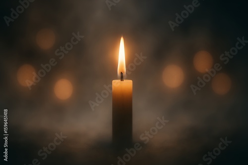 Single candle flame burning brightly in a dark and soft-focus background