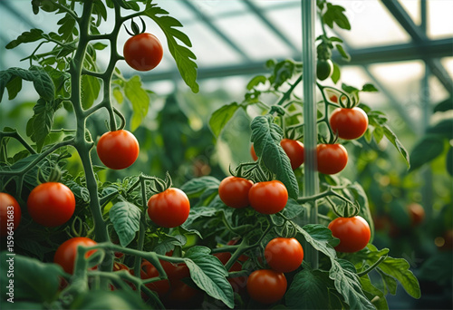 red tomatoes in a greenhouse, vibrant tomatoes flourish on the vine in a modern greenhouse, promising a bountiful harvest.