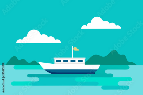 boat in aquamarine bay  clouds in sky