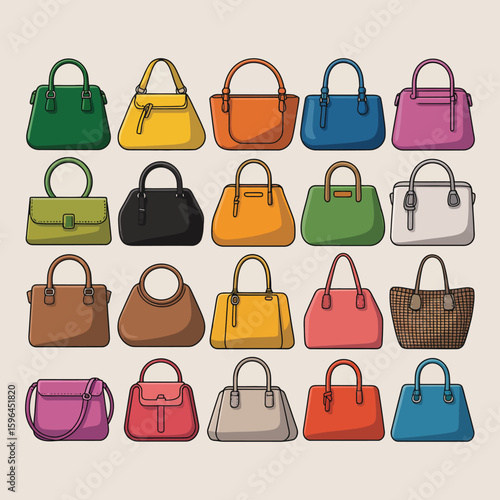 Collection of diverse handbags and purses in various colors