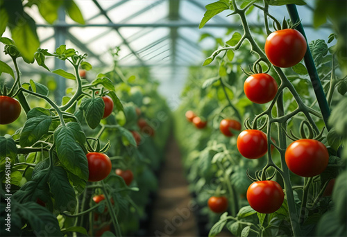 red tomatoes in a greenhouse, vibrant tomatoes flourish on the vine in a modern greenhouse, promising a bountiful harvest.