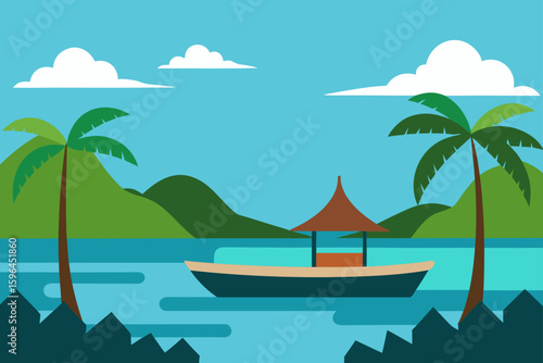 calm tropical lagoon  traditional boat nearby