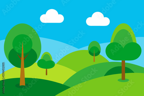 green pastures with fun shaped trees and blue sky