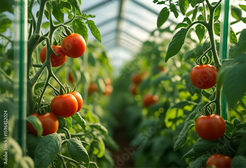 red tomatoes in a greenhouse, vibrant tomatoes flourish on the vine in a modern greenhouse, promising a bountiful harvest.