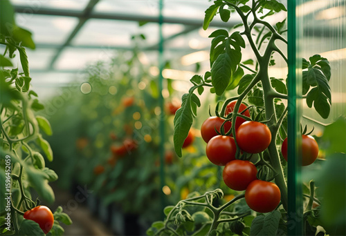 red tomatoes in a greenhouse, vibrant tomatoes flourish on the vine in a modern greenhouse, promising a bountiful harvest.