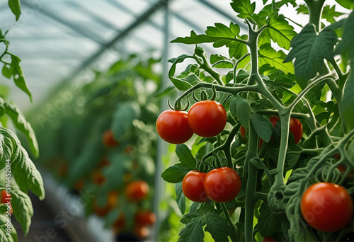 red tomatoes in a greenhouse, vibrant tomatoes flourish on the vine in a modern greenhouse, promising a bountiful harvest.