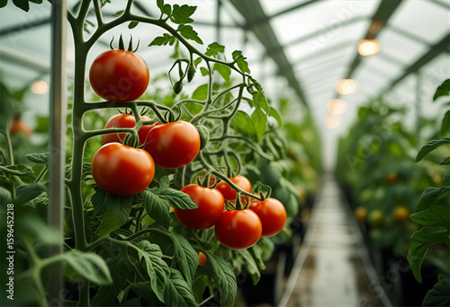 Wallpaper Mural red tomatoes in a greenhouse, vibrant tomatoes flourish on the vine in a modern greenhouse, promising a bountiful harvest. Torontodigital.ca