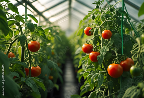 red tomatoes in a greenhouse, vibrant tomatoes flourish on the vine in a modern greenhouse, promising a bountiful harvest.