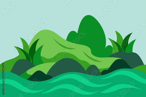 soft waves lap beneath green covered rocks