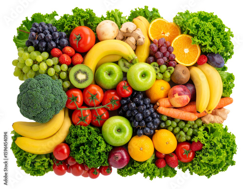 Assorted Fresh Fruits and Vegetables, isolated on a transparent background.