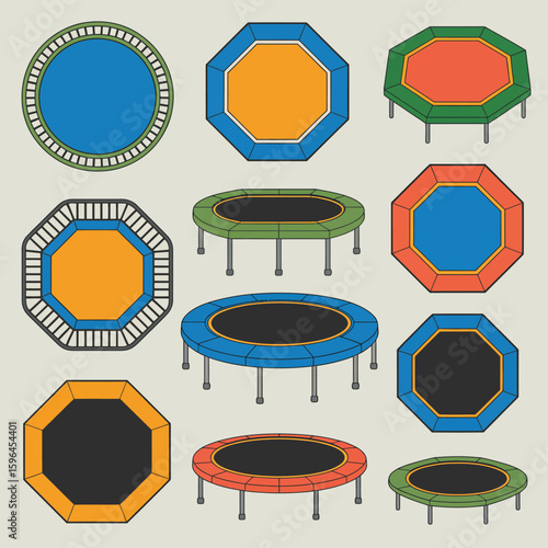 Colorful octagonal and circular trampolines for outdoor fun