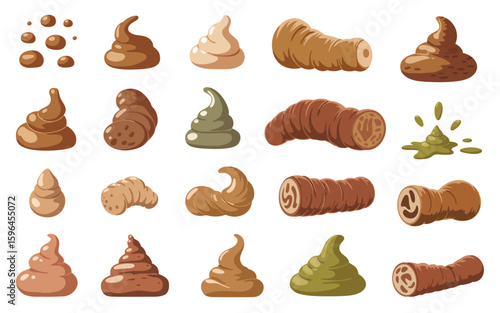 Various cartoon styles of feces and poop illustrations
