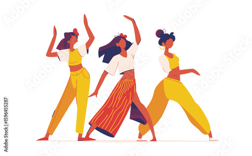 Cartoon illustration of three young women dancing in colorful outfits with expressive poses. The dancers are styled with flowing garments and dynamic movement.