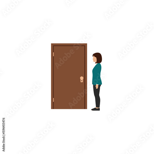 Young Woman Standing Beside a Closed Wooden Door, Ready to Enter or Exit a Room