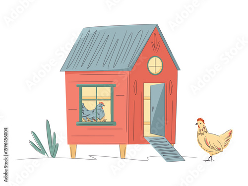 Colorful chicken coops with hen isolated on white. Hand drawn vector illustration. Bright, organic design for local farm, urban homesteading, fresh food, and countryside life