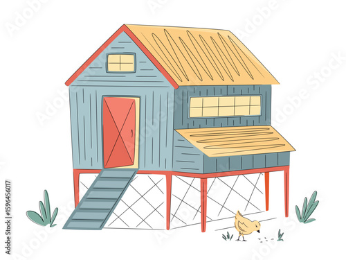 Colorful chicken coops with chiken isolated on white. Hand drawn vector illustration. Bright, organic design for local farm, urban homesteading, fresh food, and countryside life