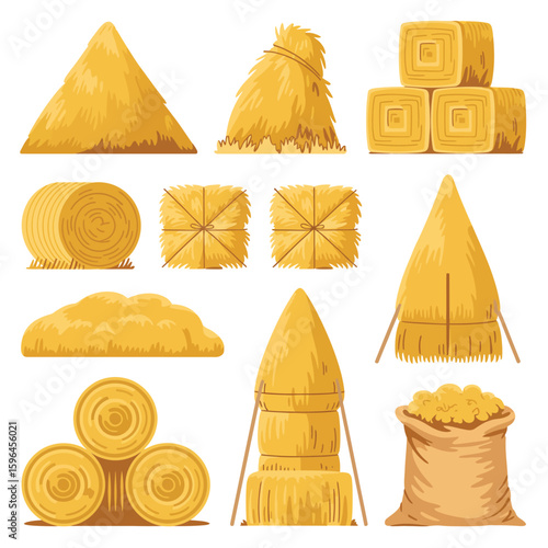 Various shapes of hay bales and stored hay on a white background