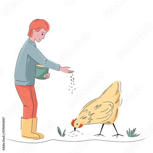 Colorful illustration of boy feeding hen isolated on white. Hand drawn vector. Bright, organic design for local farm, urban homesteading, fresh food, and countryside life