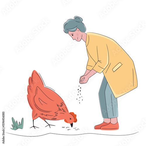 Colorful illustration of senior woman feeding hen isolated on white. Hand drawn vector. Bright, organic design for local farm, urban homesteading, fresh food, and countryside life