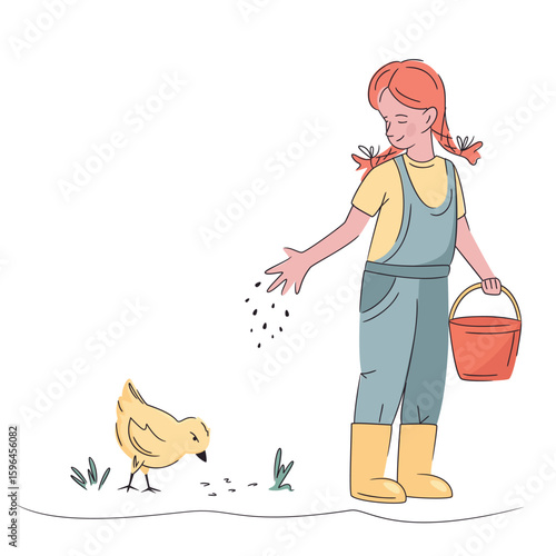 Colorful illustration of a girl feeding hen isolated on white. Hand drawn vector. Bright, organic design for local farm, urban homesteading, fresh food, and countryside life