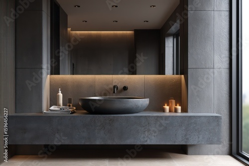 Sleek bathroom in gunmetal gray with lava stone countertop, dramatic downlighting above sink creating bold shadow play and sharp
