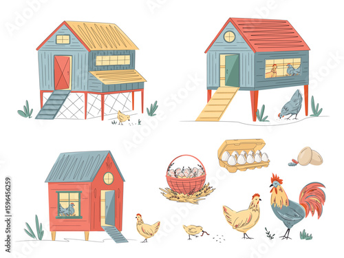 Set of colorful chicken coops with hen and rooster isolated on white. Hand drawn vector illustration. Bright, organic design for local farm, urban homesteading, fresh food, and countryside life