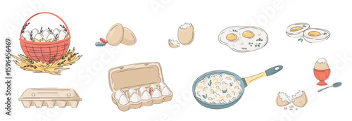 Set of colourful; eggs, basket, cardboard; eggshell; fried, boiled abd scrambled eggs isolated on white. Bright design for healthy protein breakfast, local farm, urban homesteading, fresh food