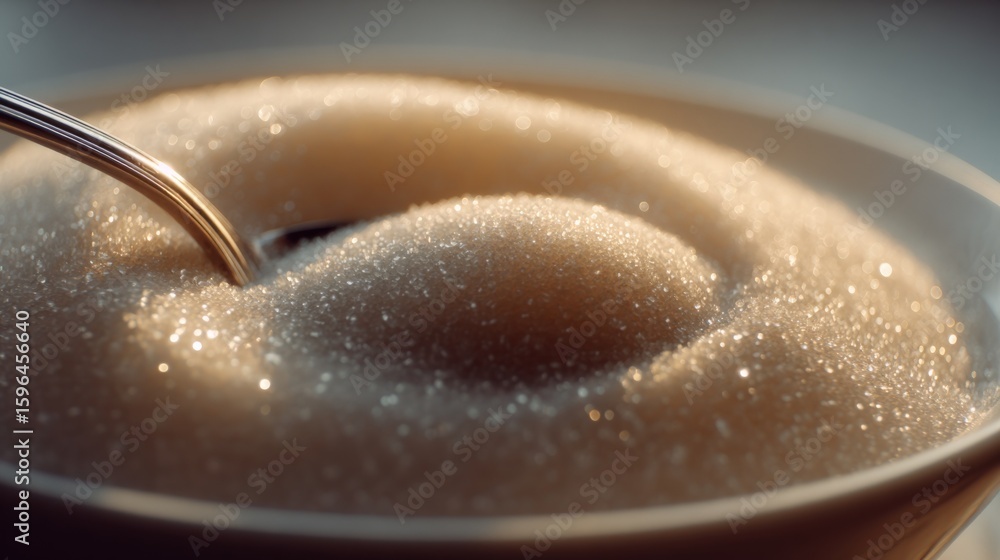 Fototapeta premium Close-up of a spoon stir a bowl of hot creamy soup with bubbles and froth in a kitchen setting, detailed textured surface and warm tones