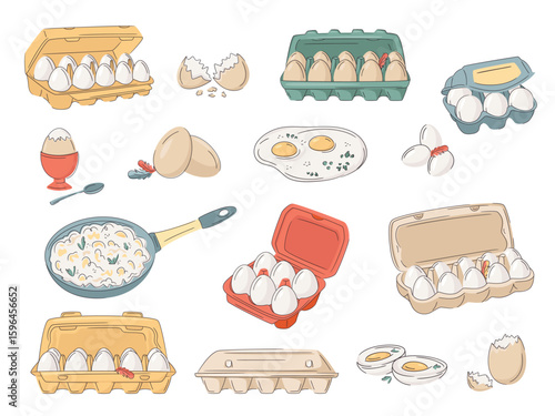 Set of colourful eggs, cardboard; eggshell; fried, boiled abd scrambled eggs isolated on white. Bright, organic design for healthy protein breakfast,  local farm, urban homesteading, fresh food