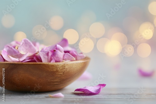 Wooden bowl filled with scattered pink and purple flower petals on a light wooden surface with soft bokeh background for romantic or decorative themes