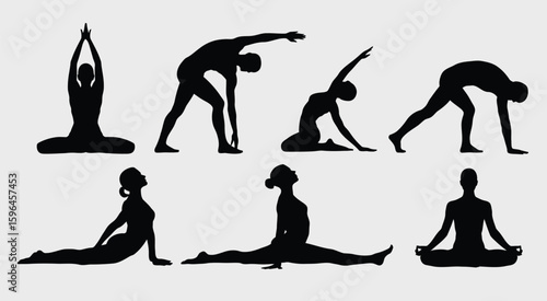 Silhouettes of people performing various yoga poses