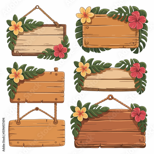 Tropical wooden signs with flowers and leaves