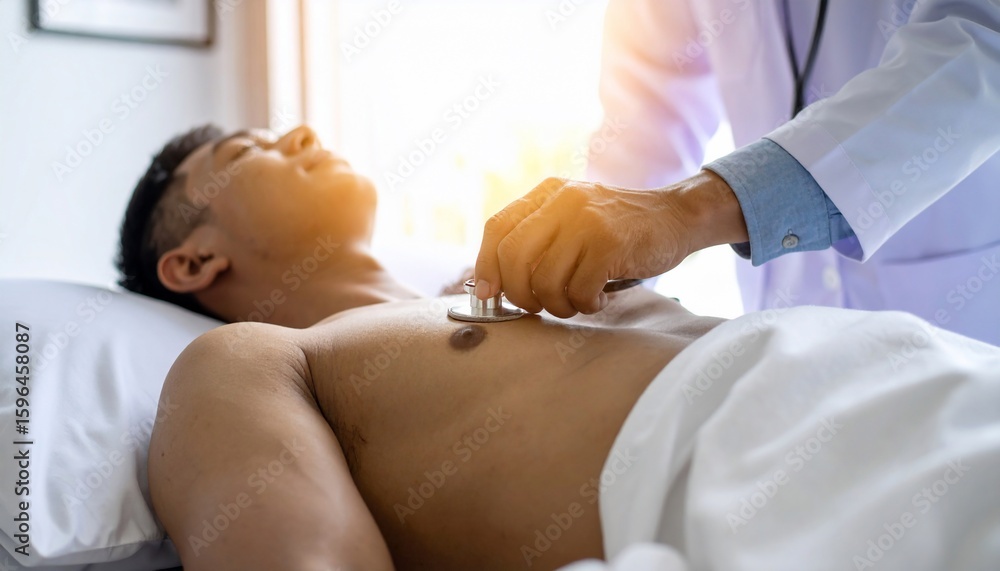 Fototapeta premium Medical Examination: Doctor using Stethoscope on Patient