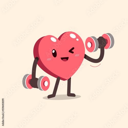 Cartoon heart character doing dumbbells weight training