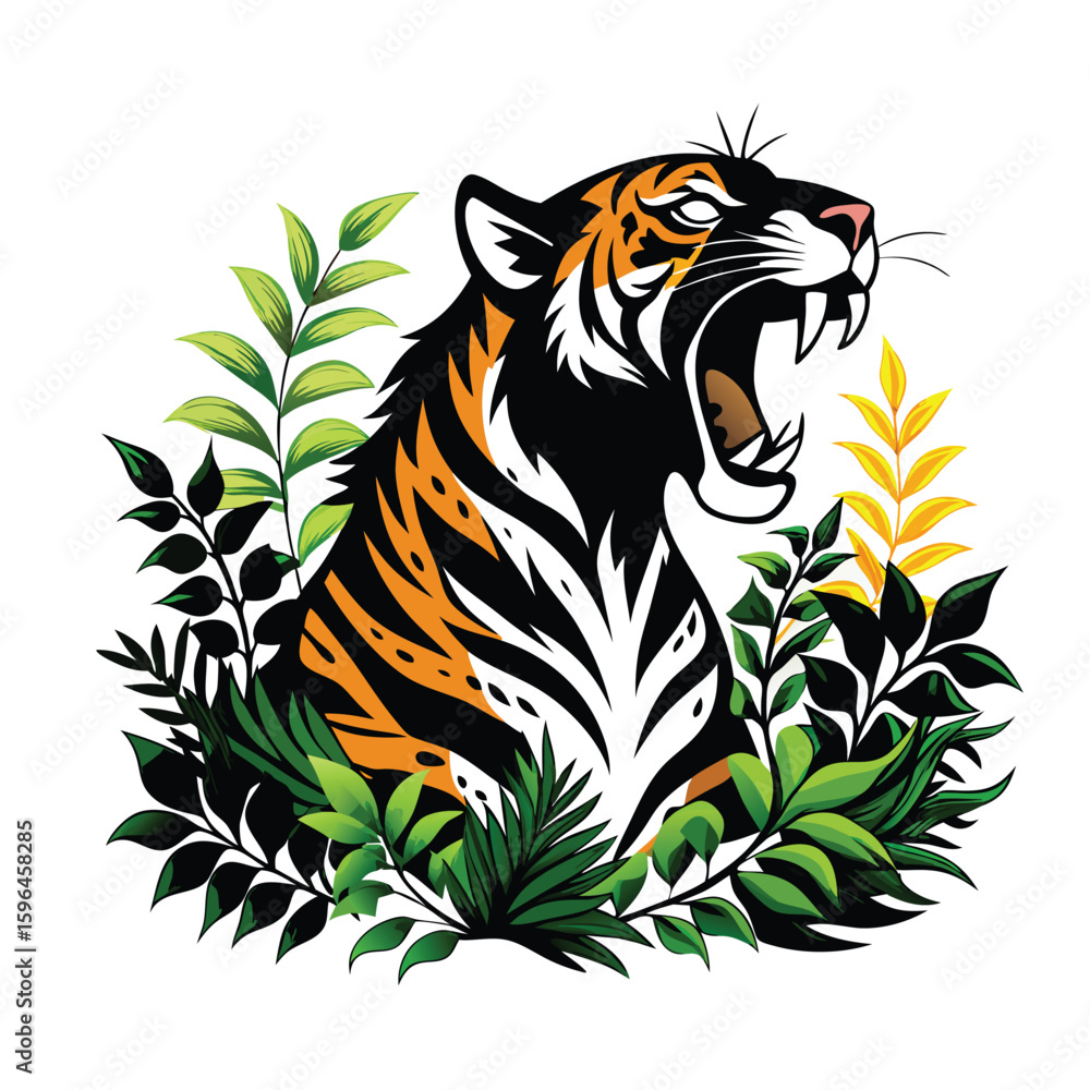 Fototapeta premium Majestic Tiger Roaring Amidst Lush Greenery A Fierce Spirit in Nature