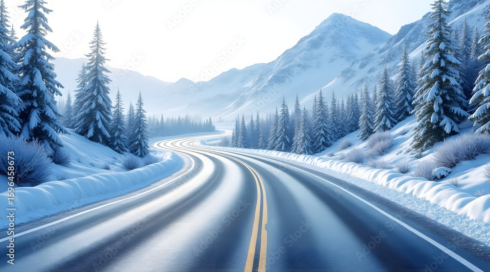 Fototapeta premium Snowy mountain road curves through winter forest with tall pine trees and bright sunlight creating serene cold atmosphere